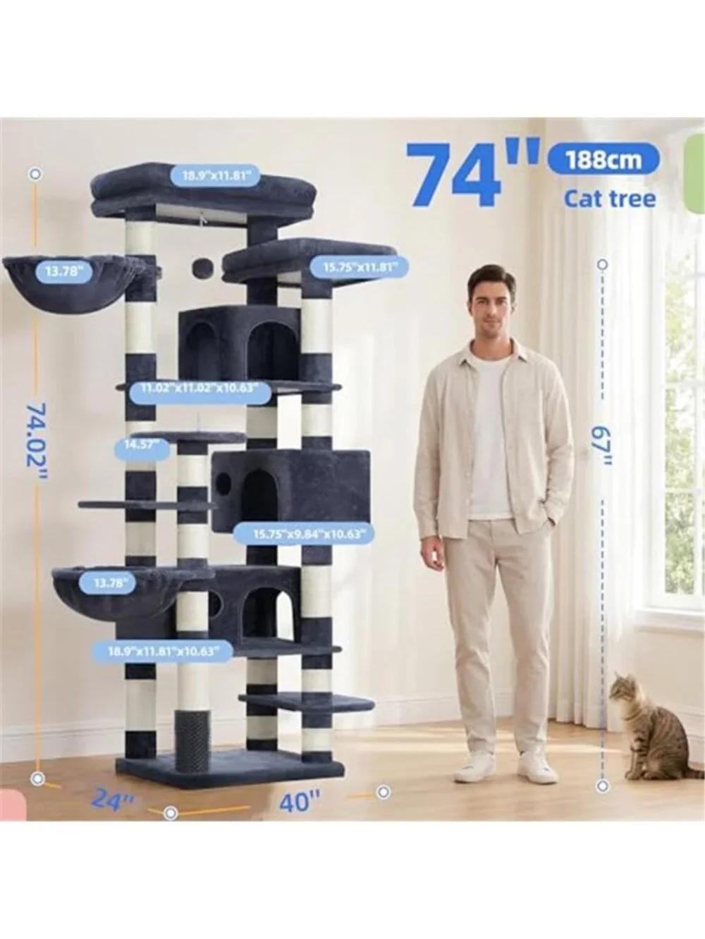 74 inches Multi-Level XL Large Cat Tower Cat Tree
